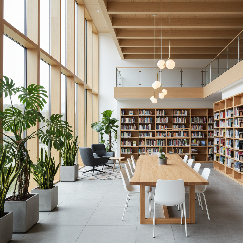 Interior de una biblioteca moderna con luz natural y plantas