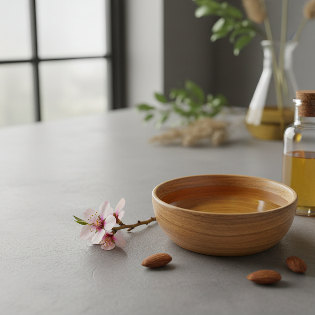 Aceite de almendras en un pequeño cuenco de madera
