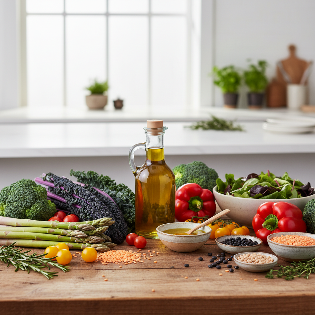 Mesa de madera con variedad de vegetales frescos, legumbres y aceite de oliva