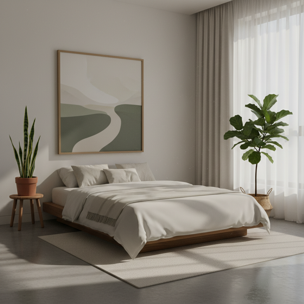 Dormitorio minimalista con luz suave de mañana y plantas verdes